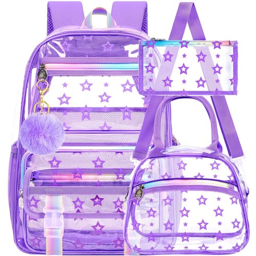 UFNDC 3PCS Clear School Backpack, Girls Star Purple Transparent Bookbag Heavy Duty, See Through PVC Bag