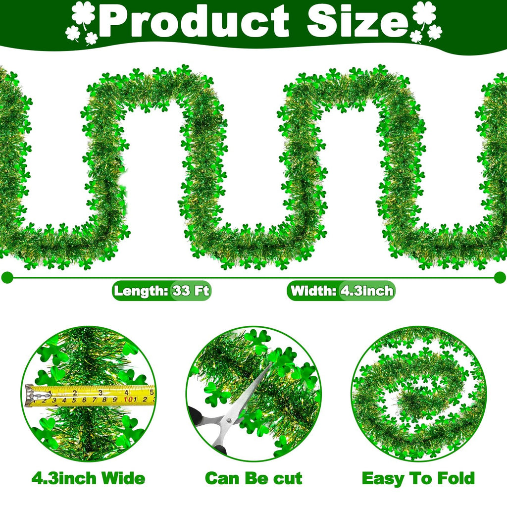 TURNMEON 33 Ft St. Patrick's Day Tinsel Garland Decorations Green Gold Shamrock Garland Clover Metallic Streamer Hanging St Patricks Day Decorations for Home Indoor Outdoor Irish Party Supplies