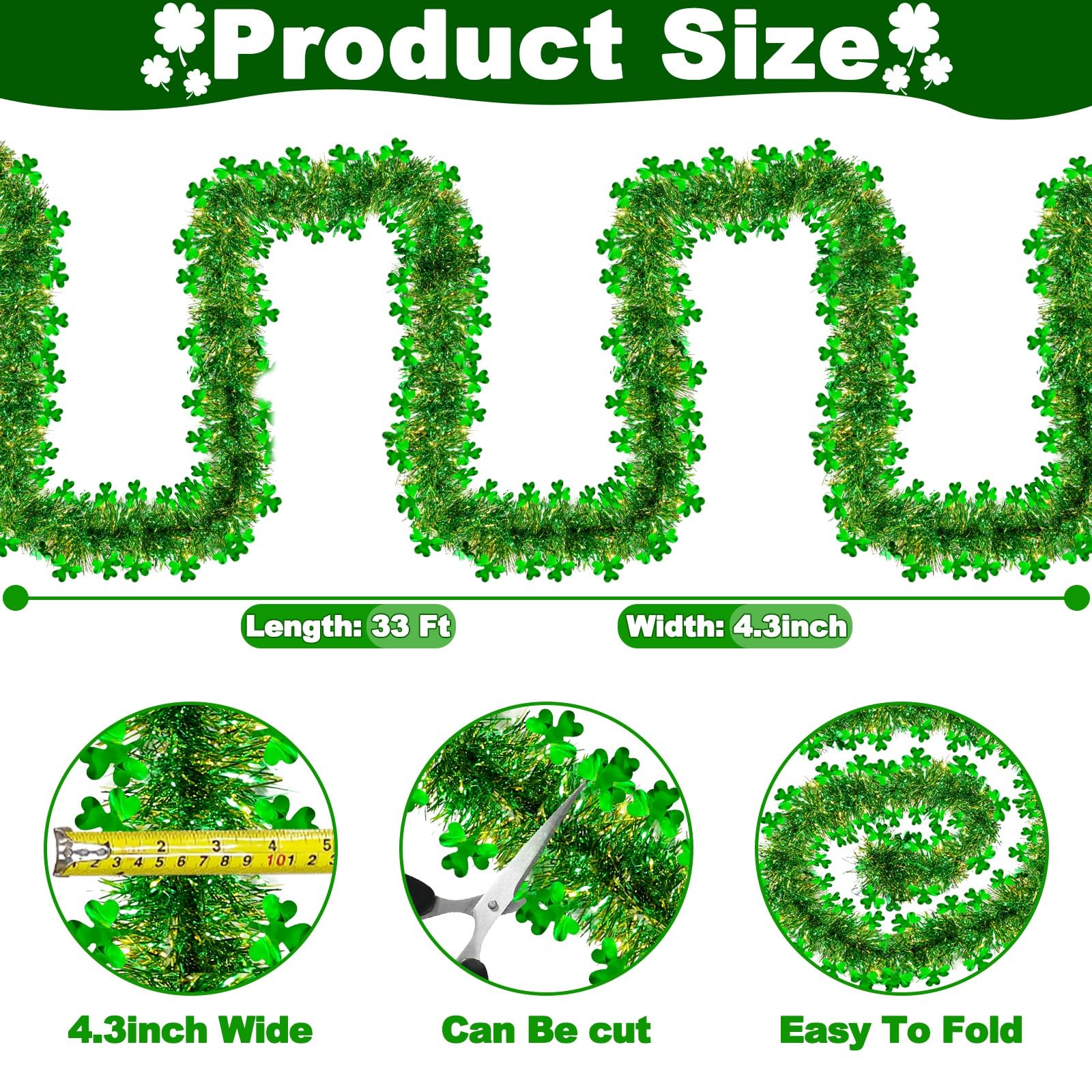 TURNMEON 33 Ft St. Patrick's Day Tinsel Garland Decorations Green Gold Shamrock Garland Clover Metallic Streamer Hanging St Patricks Day Decorations for Home Indoor Outdoor Irish Party Supplies