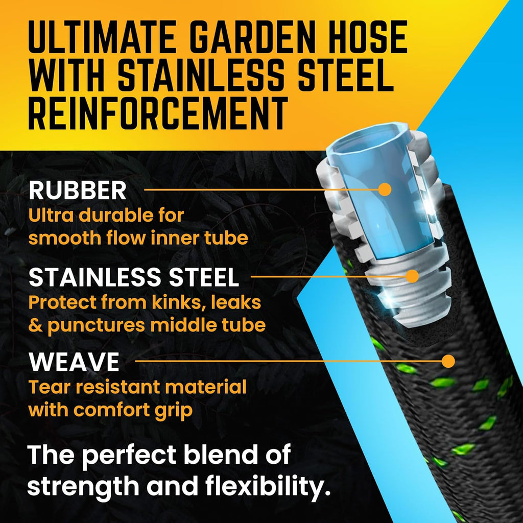 PowerFlow Stainless Steel Garden Hose - 25 Ft Durable Metal Water Hose with 10-Way Spray Nozzle | Black