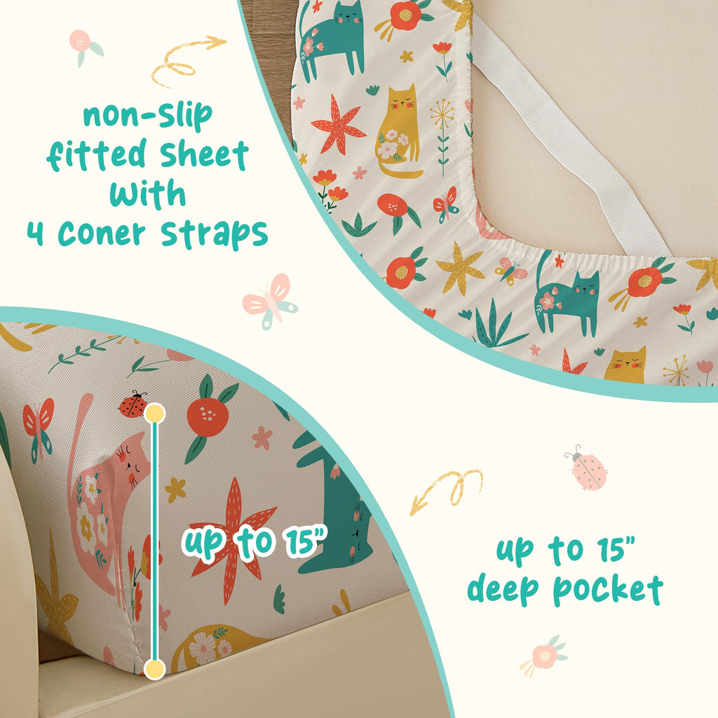 Bedmoon Girls Twin Sheets, Kids Green Cat Kitty Cute Animal Soft Microfiber Twin Sheets & Pillowcases with Corner Straps