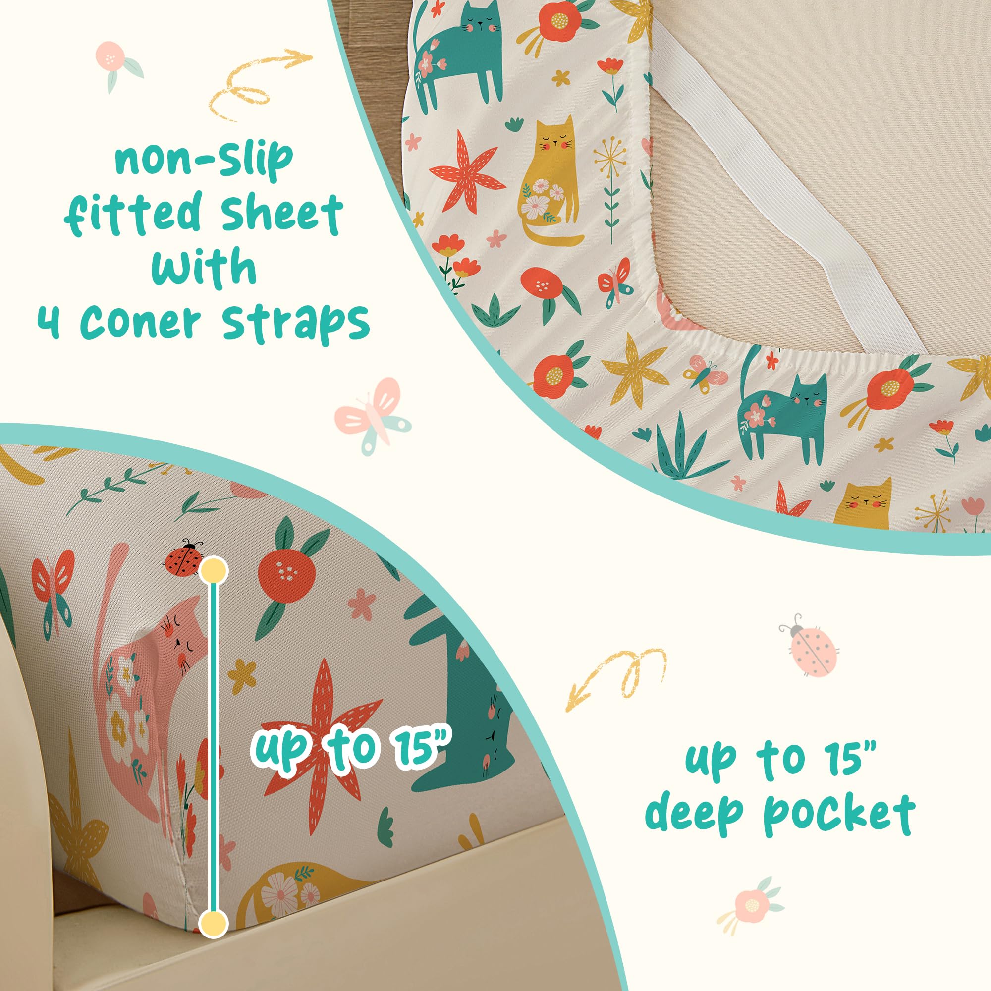 Bedmoon Girls Twin Sheets, Kids Green Cat Kitty Cute Animal Soft Microfiber Twin Sheets & Pillowcases with Corner Straps