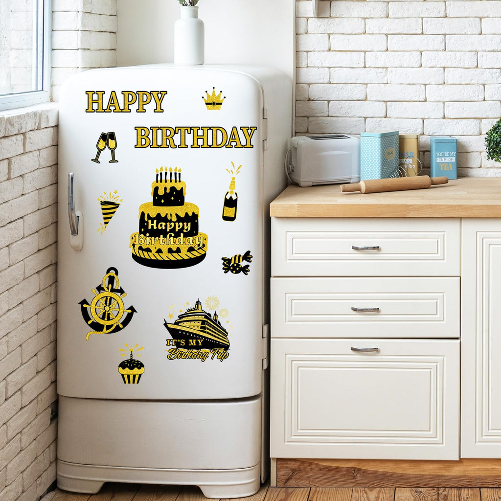 JarThenaAMCS Birthday Cruise Door Magnets Decoration Black Gold Happy Birthday Cruise Ship Magnetic Stickers for Cabin Ship Car Refrigerator Carnival Party Supplies, 16Pcs