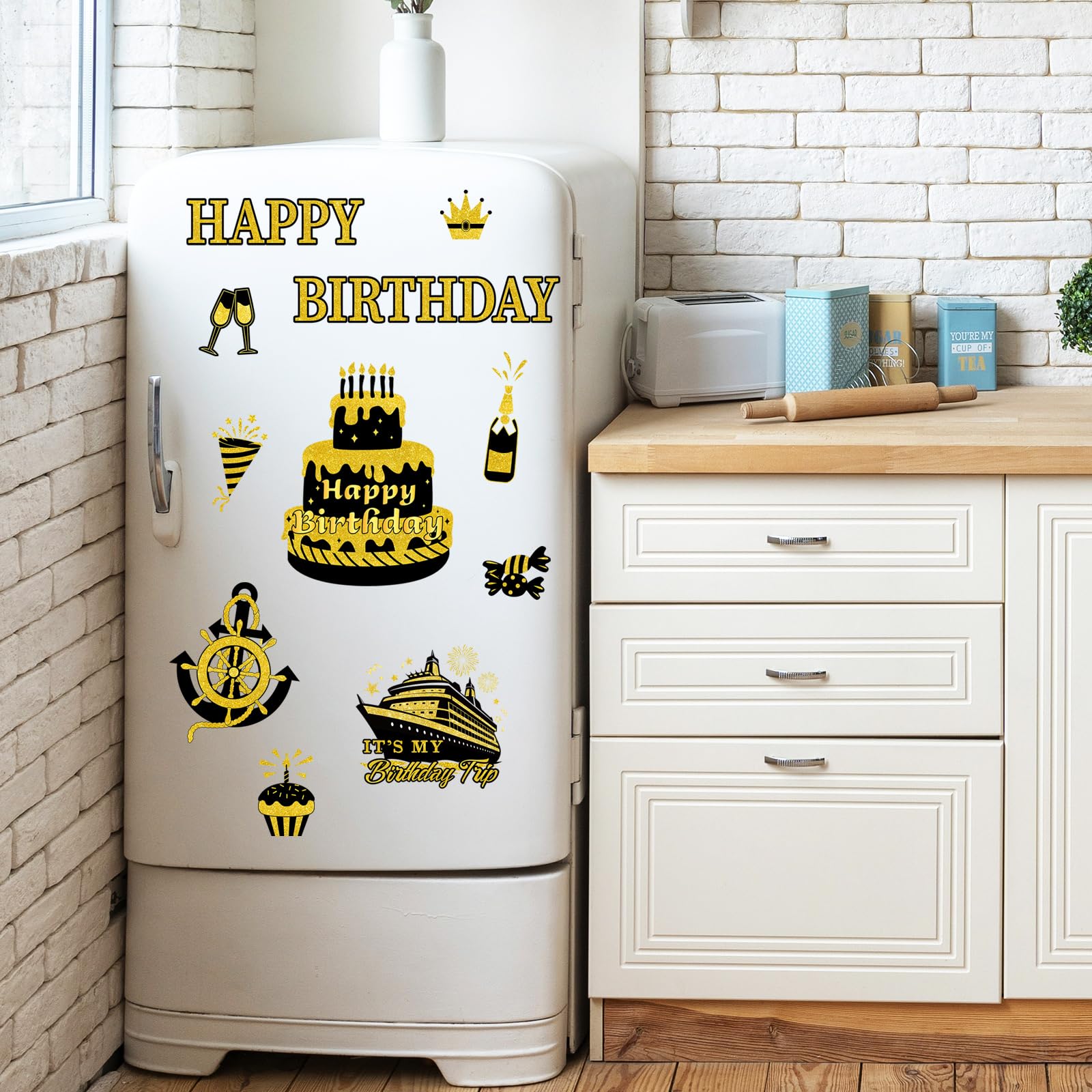 JarThenaAMCS Birthday Cruise Door Magnets Decoration Black Gold Happy Birthday Cruise Ship Magnetic Stickers for Cabin Ship Car Refrigerator Carnival Party Supplies, 16Pcs