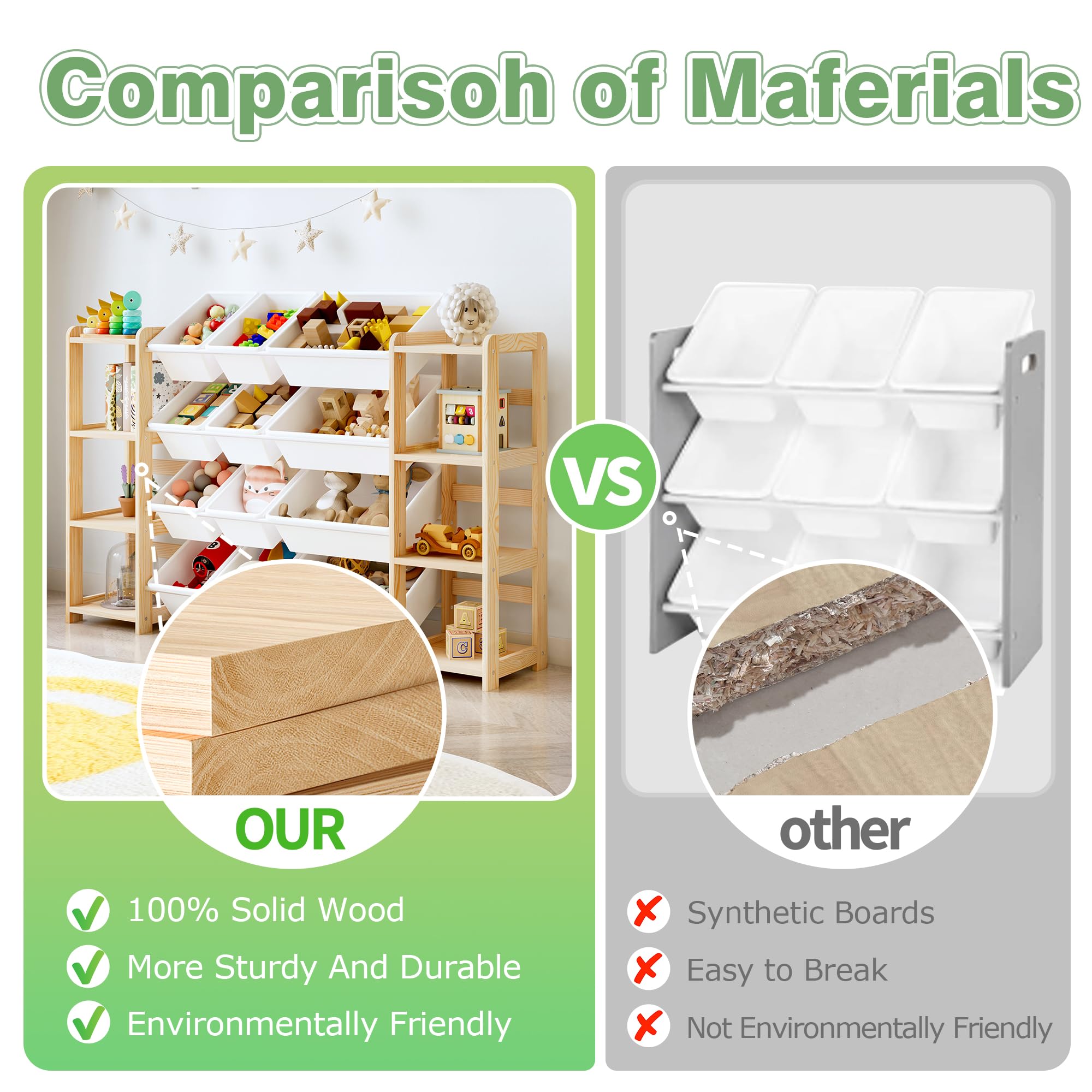 MallBest Extra Wide Toy Storage Organizer with 12 Bins and Dual Bookshelves – Solid Pine Wood Kids Toy Shelf and Bookcase for Bedroom, Nursery, or Montessori Playroom, (Natural)