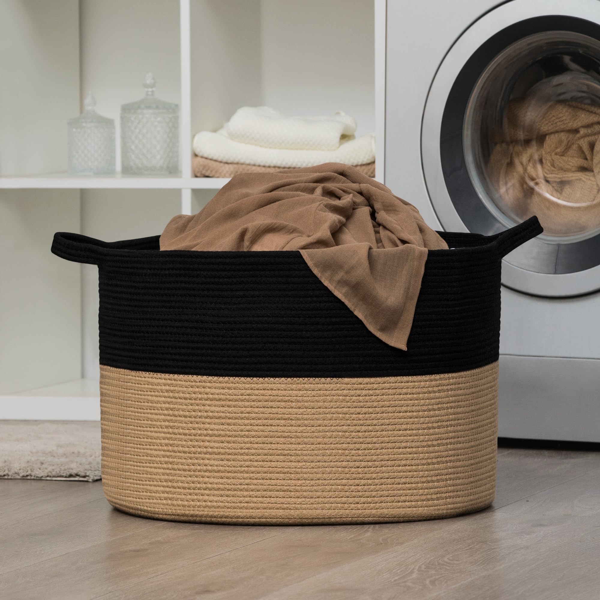 Gosipeya XXXLarge Woven Cotton Rope Basket (21.7" x 13.8") – Blanket Basket for Living Room, Laundry Hamper, Baby Laundry Hamper, Toy Storage, Pillows & Cushions Organizer (Black&Brown)