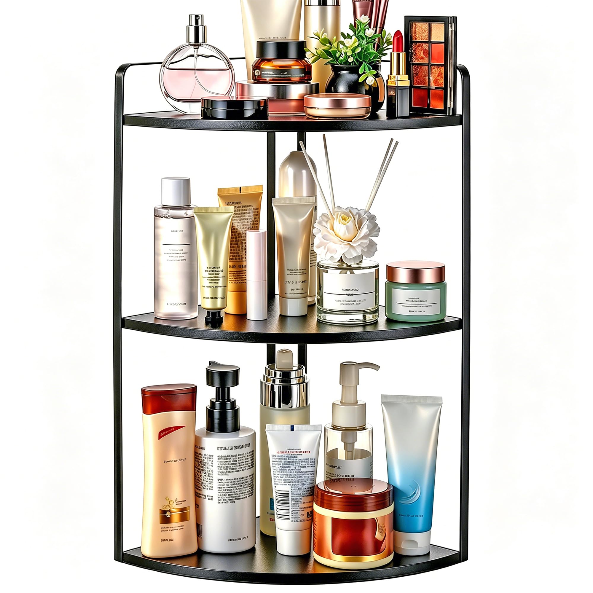 OKLILIYA 3 Tier Corner Bathroom Counter Organizer, Countertop Organizer, Makeup Organizer Countertop, Bathroom Storage Sink Shelf, Wooden and Metal Counter Shelf (Large Capacity-Black)