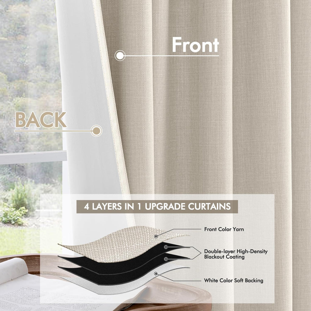 MIULEE 100% Blackout Curtains - Luxury Faux Linen Room Darkening Drapes, 84 Inch Long, Birch - 2 Panels Set