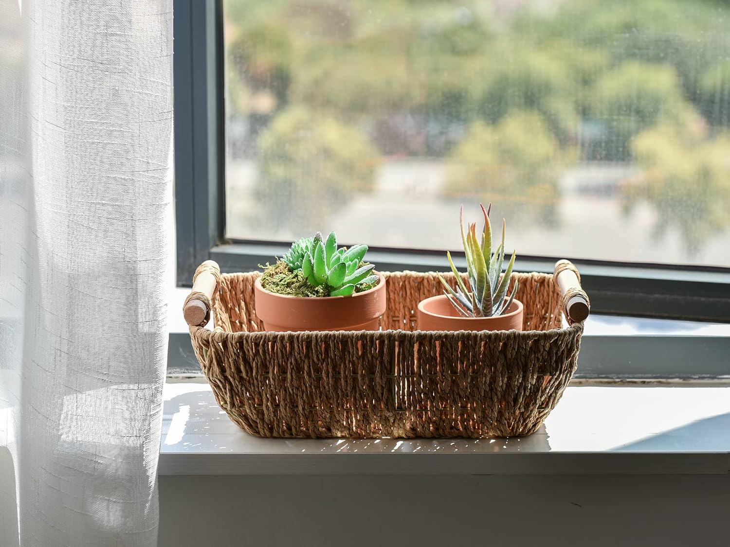 StorageWorks Small Hand-Woven Wicker Baskets - Round Paper Rope with Wooden Handles, Light Brown, 2-Pack