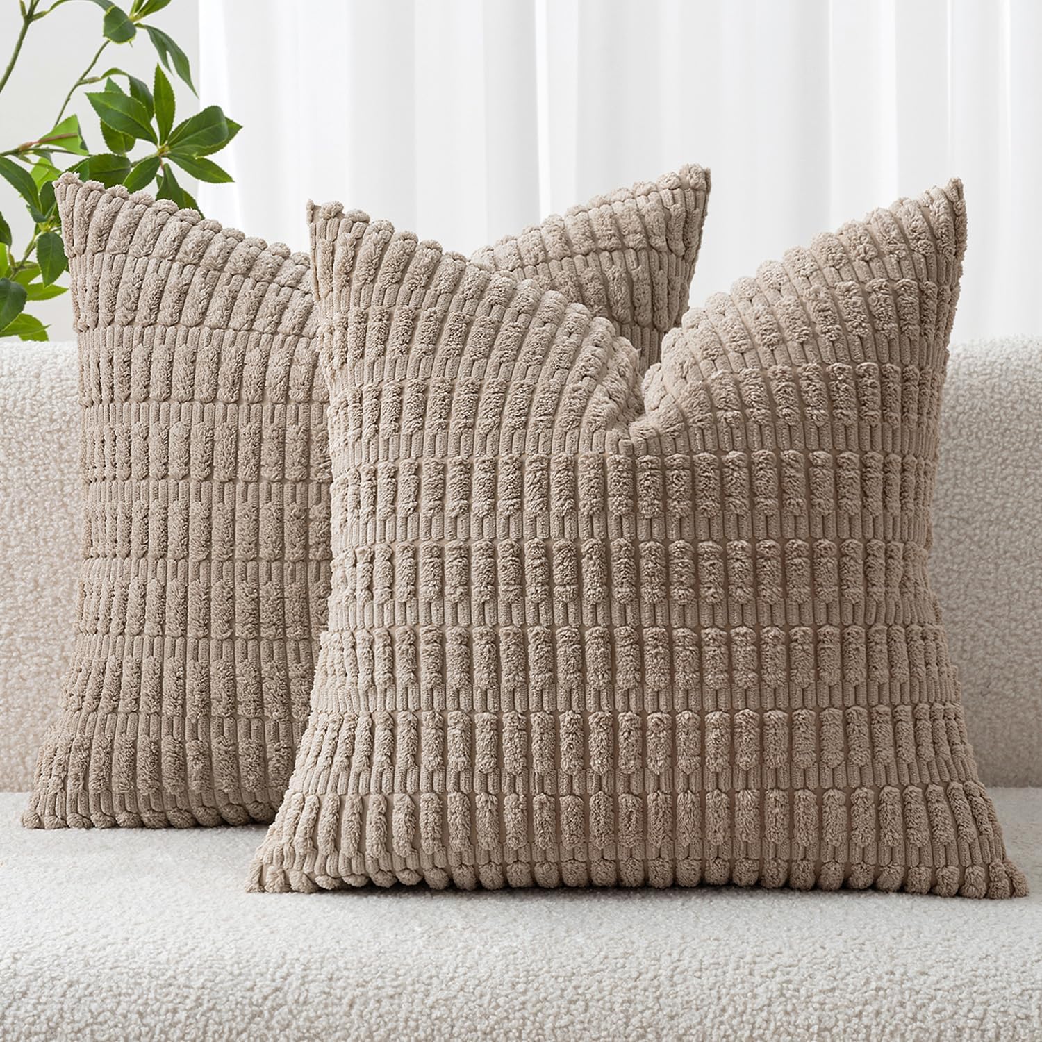 MIULEE Corduroy Decorative Throw Pillow Covers - Soft Boho Striped Design, 20x20 Inch, Light Brown | Modern Farmhouse Decor for Sofa & Couch