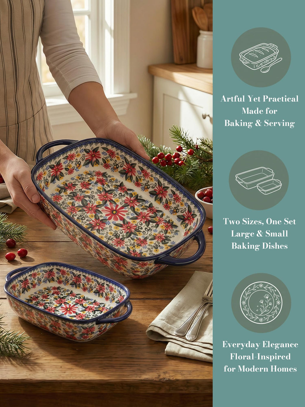 Polish Pottery Style Ceramic Baking Dish Set, 2-Piece Large & Small Casserole Bakers for 2–3 People, Floral Oven-to-Table Bakeware, Microwave & Dishwasher Safe, Gift-Ready with Protective Packaging