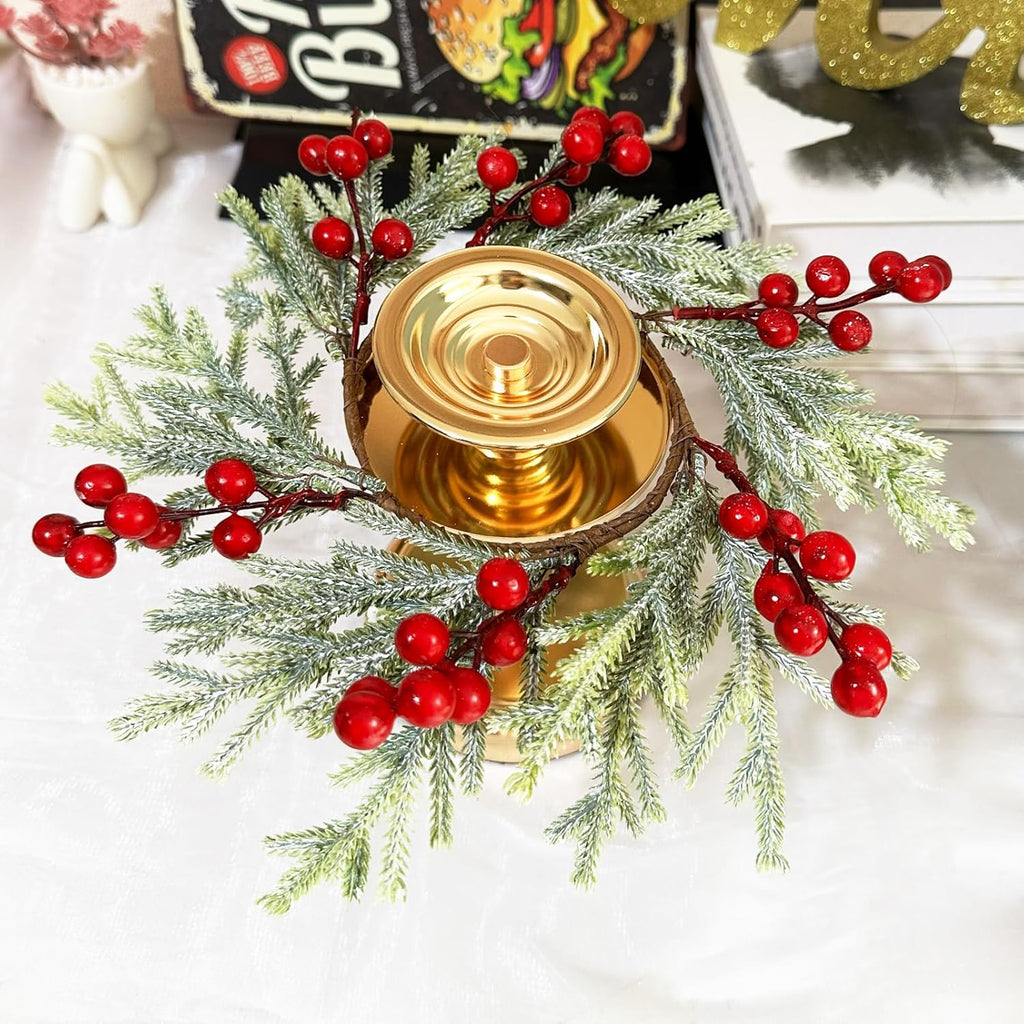 Skiennix 2-Piece Christmas Wreath Candle Rings - Artificial Cedar & Cypress with Red Berries | Holiday Table Decor