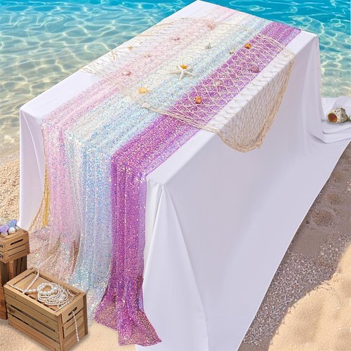 B-COOL Sequin Table Runner Iridescent Blue Table Runners 25x120inch 4 Packs Elegant Table Runners for Wedding Birthday Mermaid Party Ceremony