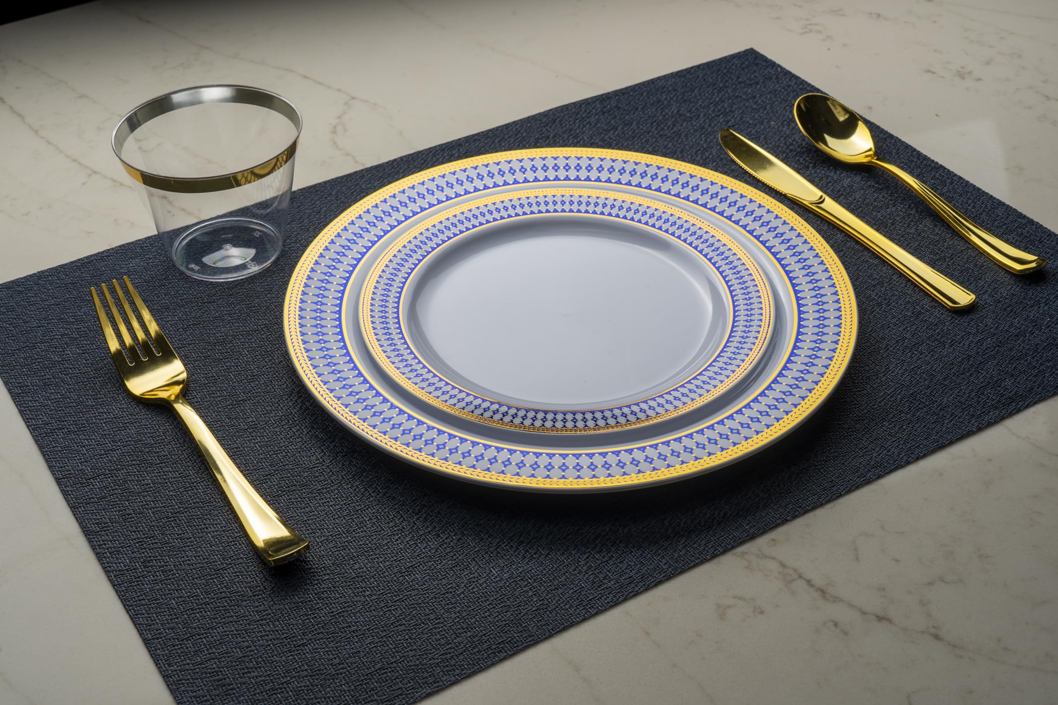 MONEST 350Pcs Blue and Gold Plastic Silverware Set for 50 Guests, Disposable Dinnerware Set includes: 50 Pre Rolled Napkins with Utensils, 50 Dinner Plates, 50 Dessert Plates, 50 Cups (Royal Sapphire)