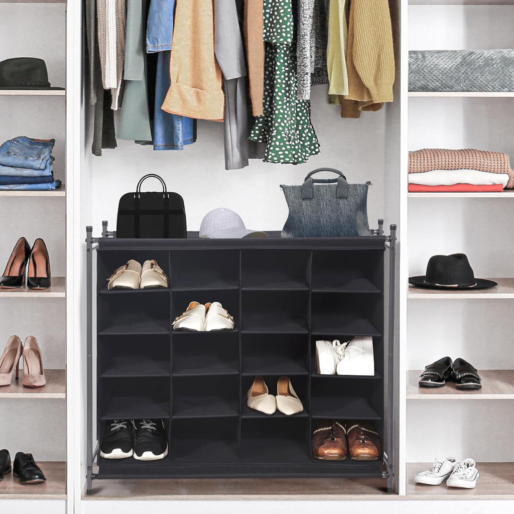 Storage Maniac Stackable Shoe Cubby Organizer - 20-Cube Free Standing Rack for Entryway & Closet | Black
