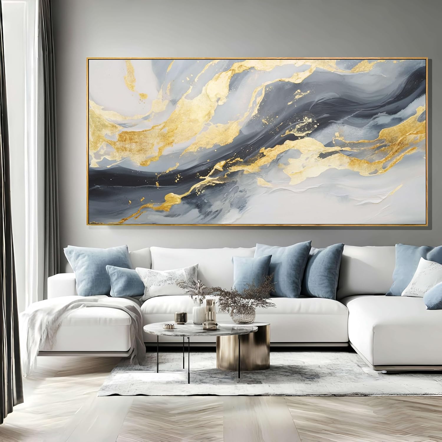 SDYA Large Abstract Canvas Wall Art - Gold & Blue Decor for Living Room, Bedroom, Office | 29x58 Inch