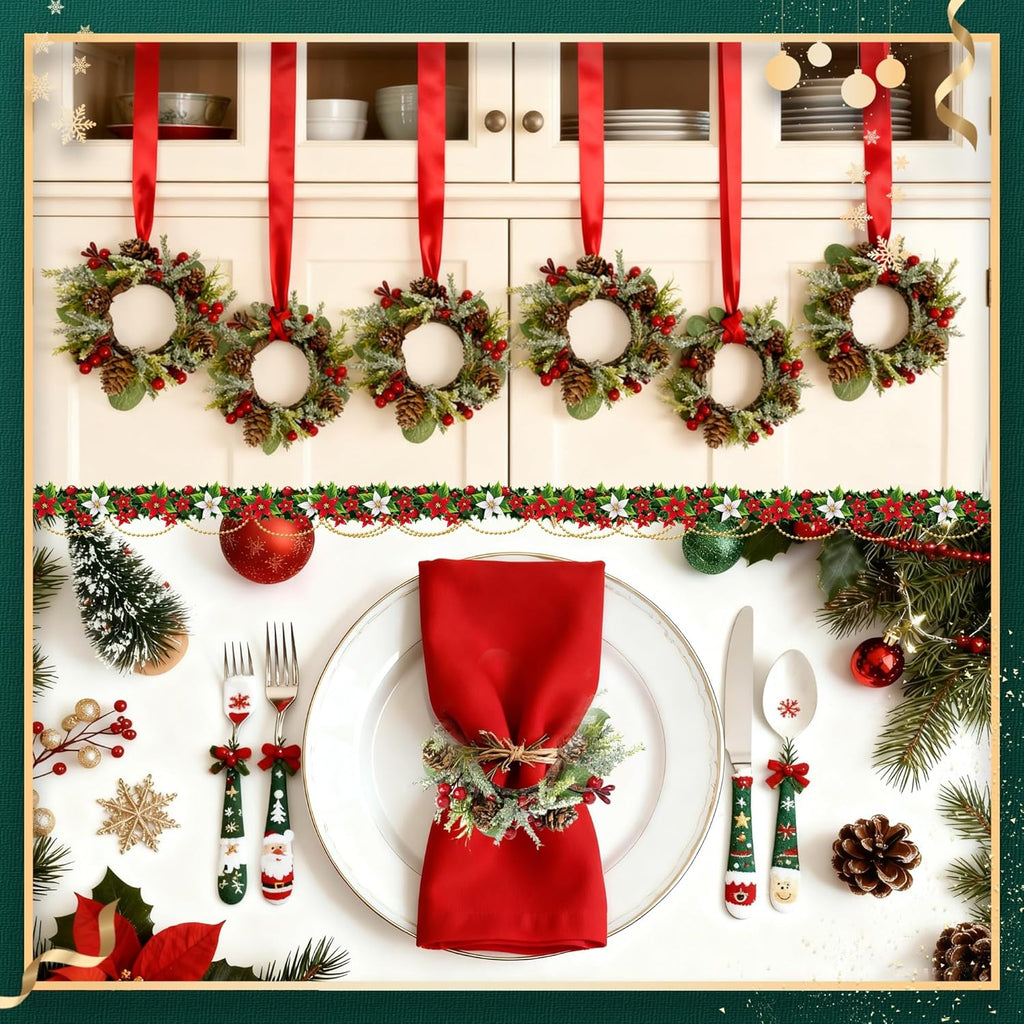 Skiennix Christmas Candle Rings - Mini Wreaths with Snowy Pinecone & Red Berry - 6 Pcs for Table Centerpiece