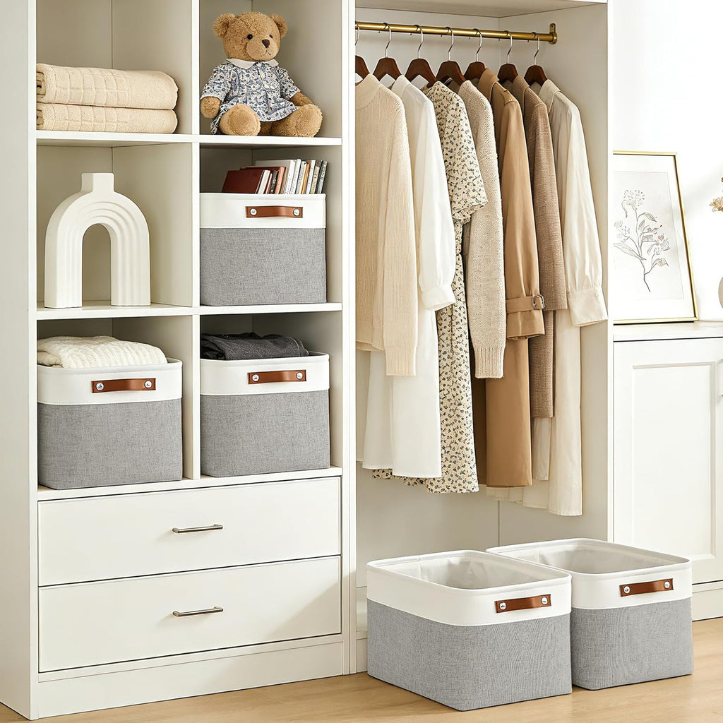 Bagnizer Storage Bins - Large Fabric Baskets for Organizing | 3-Pack Decorative Linen Bins (Grey & White) 15x11x9.5 Inches