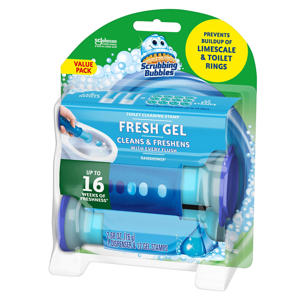 Scrubbing Bubbles Fresh Gel Toilet Cleaning Stamp, Rainshower, Dispenser with 12 Gel Stamps, 2.68 oz
