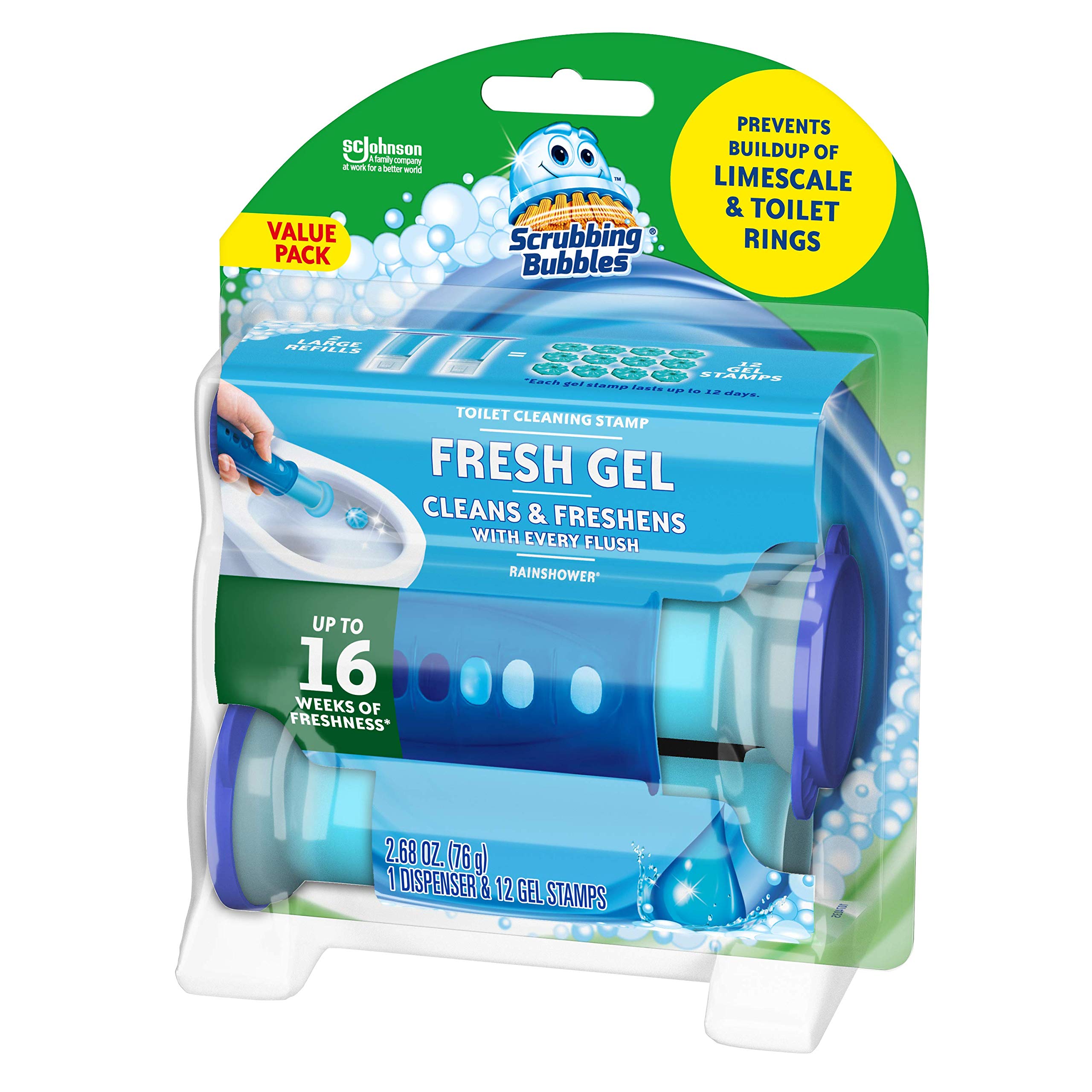 Scrubbing Bubbles Fresh Gel Toilet Cleaning Stamp, Rainshower, Dispenser with 12 Gel Stamps, 2.68 oz