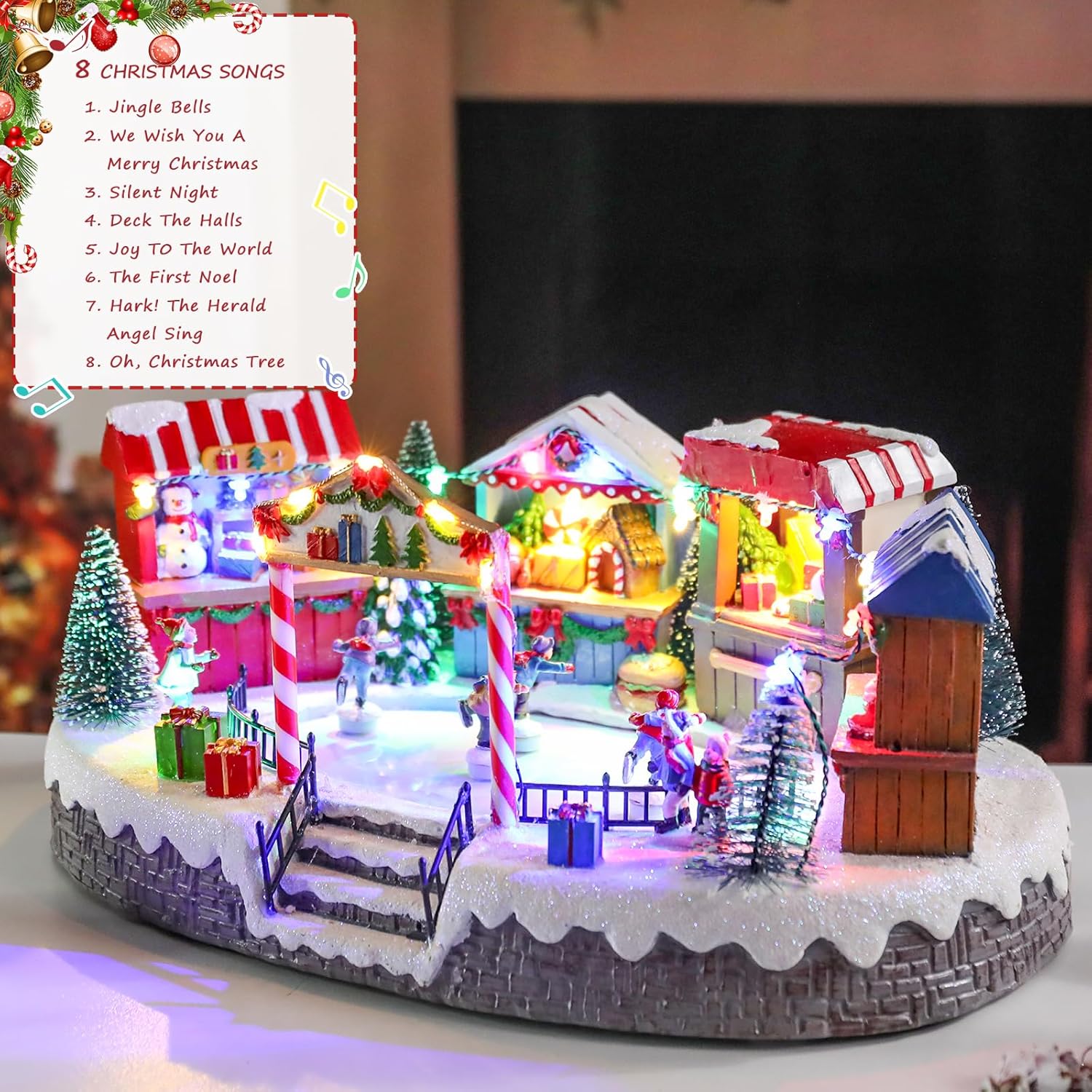 Bdor Christmas Market Village Scene - LED Lights & Musical Animation | 8.3 x 5.9 x 5.9 Inches Holiday Décor