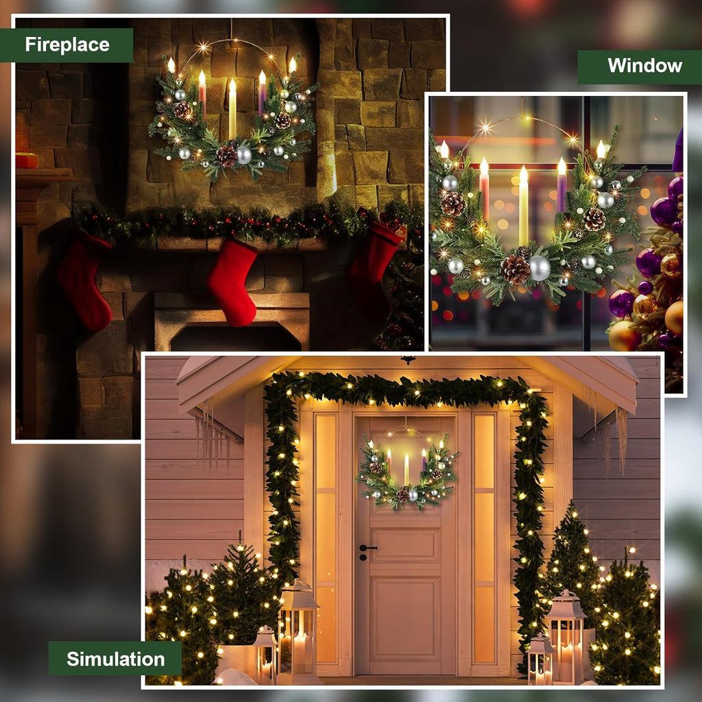 Suncalla Advent Wreath Set - 5 Flameless Candles with Timer Remote & LED String Lights | 20-Inch Pine Cone Decor