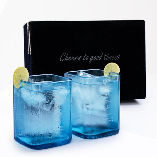 Habitage Upcycled Bombay Sapphire Gin Glasses for Drinks - Set of 2 with Velvet Gift Box | Eco-friendly Glassware handcrafted from Gin bottles | Ideal for Gin, Whiskey, Juices, Smoothies, Cocktails