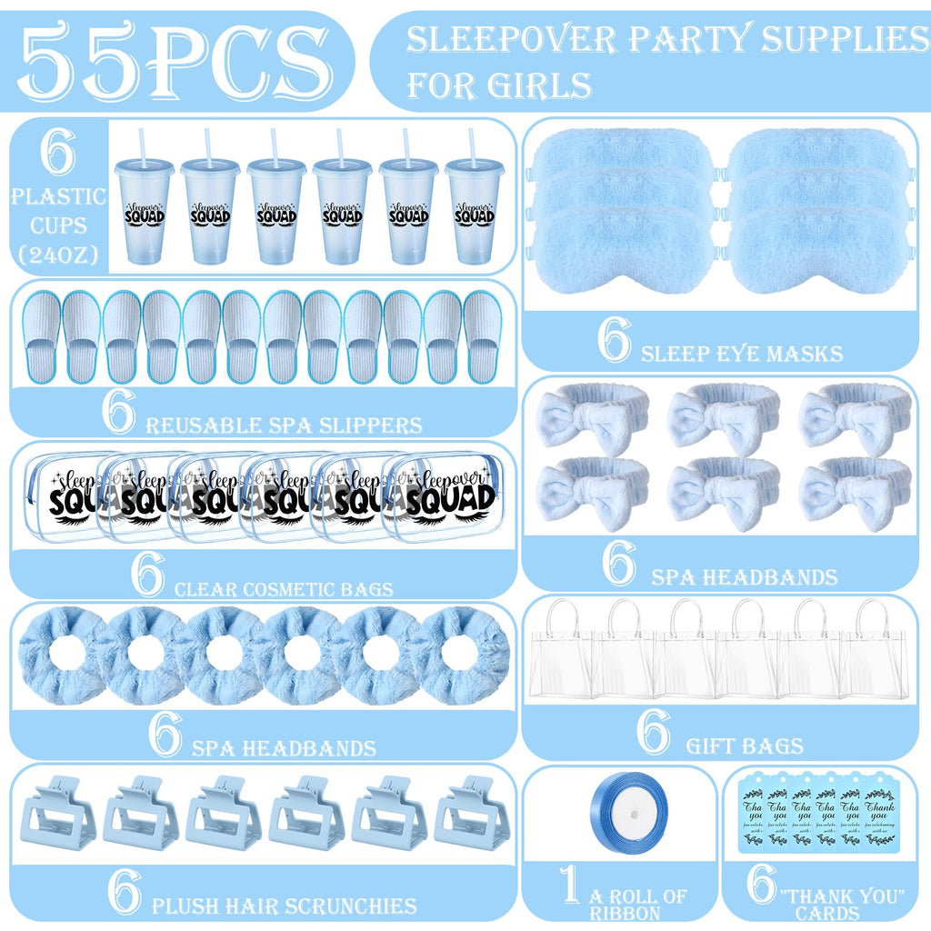 Acellegic 6 Sets Spa Sleepover Party Supplies 6 Pink Cups 6 Spa Headbands 6 Slippers 6 Eye Masks 6 Scrunchies 6 Hair Claws 6 Bags 6 Cosmetic Bag 6 Cards 1 Ribbon for Slumber Party(Blue)