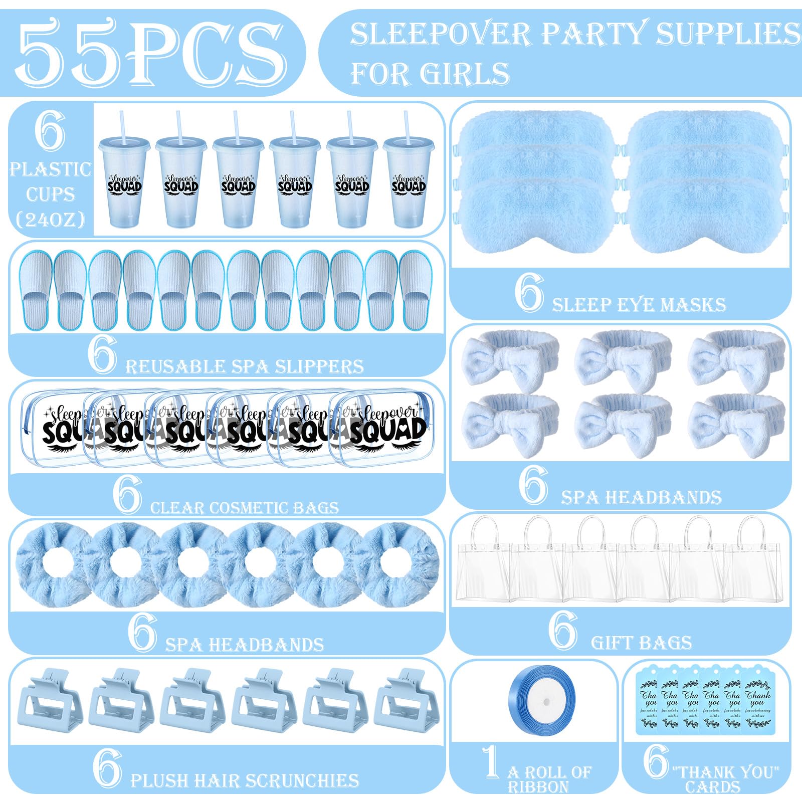 Acellegic 6 Sets Spa Sleepover Party Supplies 6 Pink Cups 6 Spa Headbands 6 Slippers 6 Eye Masks 6 Scrunchies 6 Hair Claws 6 Bags 6 Cosmetic Bag 6 Cards 1 Ribbon for Slumber Party(Blue)