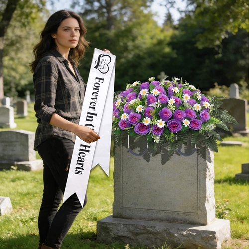Elegant Funeral Wreath Sash – Funeral Sash Memorial Wreath Sash Funeral Ribbon Celebration,Forever in Our Hearts Memorial Ribbon for Graves & Wreaths (White)