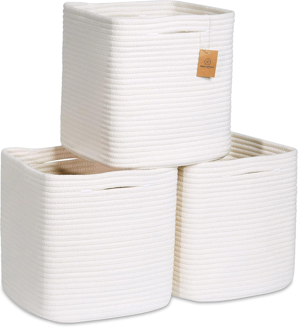 NaturalCozy Storage Cubes - 11 Inch Cotton Rope Baskets for Organizing | 3-Pack Square Storage Bins