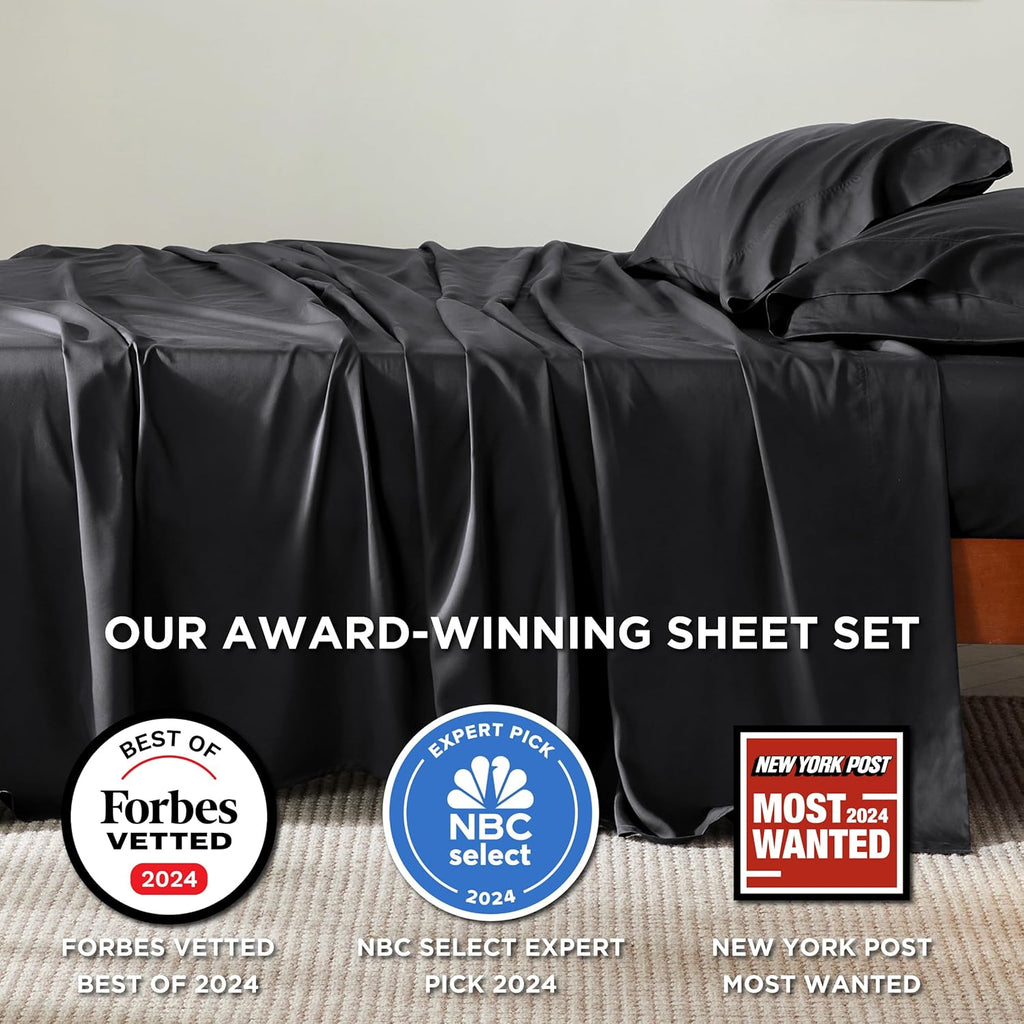 PureWoven King Size Sheet Set - Cooling Rayon Bamboo Sheets | Deep Pocket, Soft & Breathable Black Bedding for Hot Sleepers