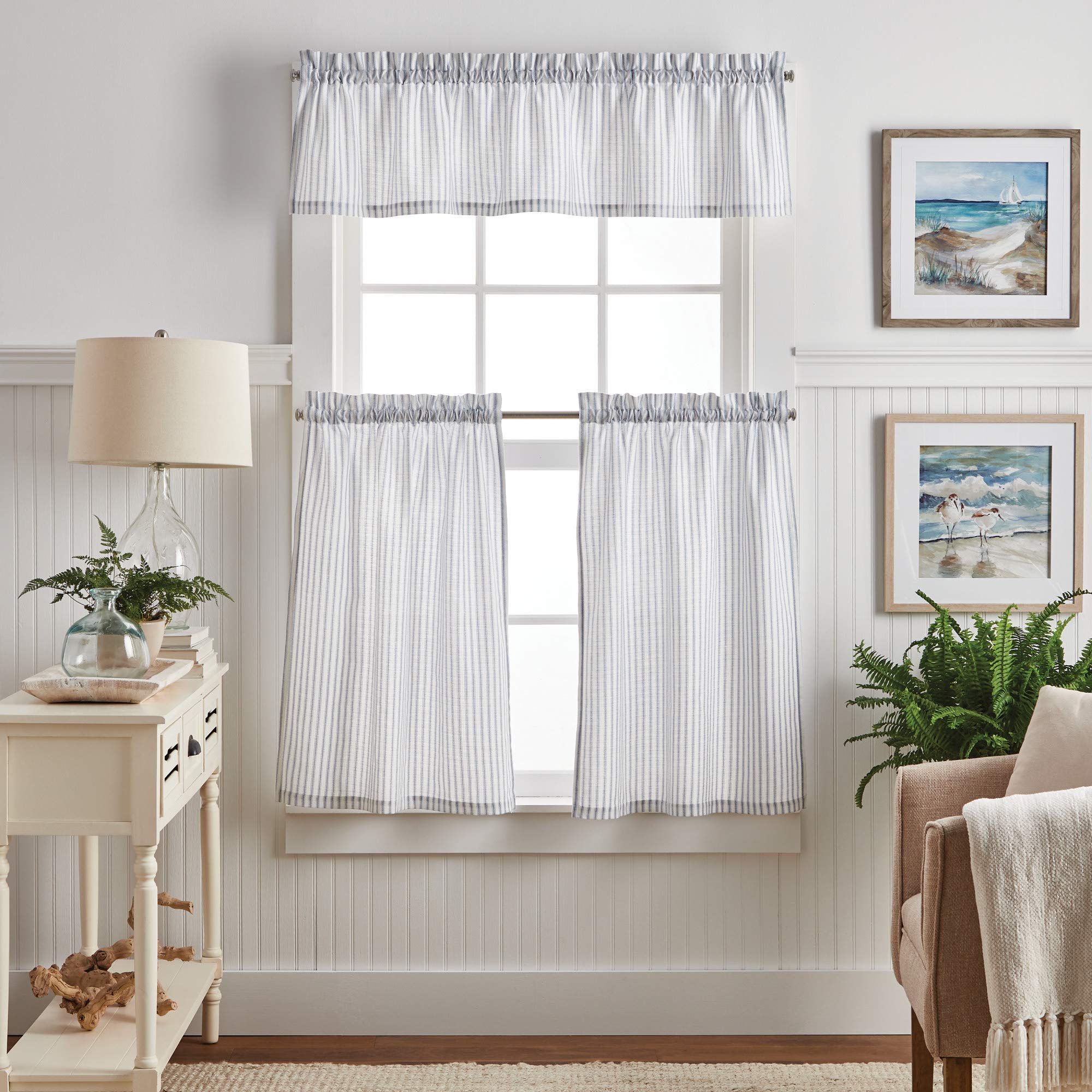 Martha Stewart Ticking Stripe 3-Piece Window Curtain Valance and Tiers Set, White Indigo