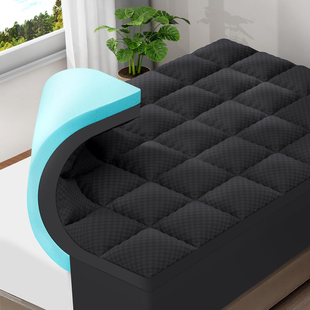 OLANLY Memory Foam Mattress Topper - 4 Inch Queen Size with Cooling Pillow Top & Gel Foam - Black