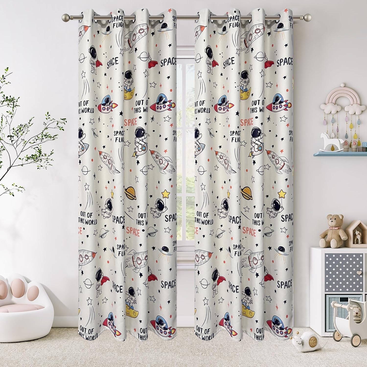 Cartoon Astronaut Semi Blackout Curtains for Kids Room Nursery Space Planets Patterns Printed Drapes for Bedroom Living Room Privacy Room Darkening Window Treatment Grommet Top 1 Panel W42 x L63 Inch