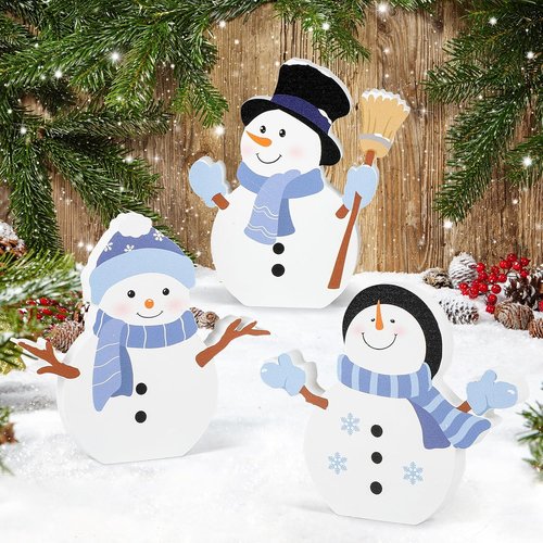 COCHIE Snowman Christmas Decorations - Cute Winter Tiered Tray Decor Set of 3 | Wooden Xmas Table Blocks
