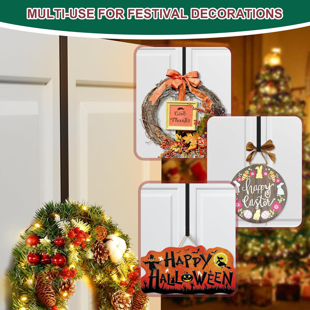 Skiennix 15" Reversible Wreath Hanger - Heavy Duty Steel Over The Door Hook, Holds Up to 80 LBS (Black)