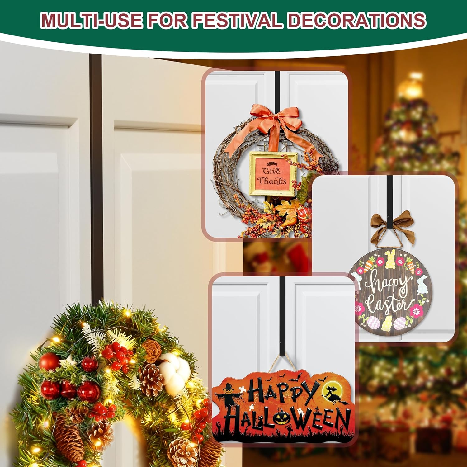 Skiennix 15" Reversible Wreath Hanger - Heavy Duty Steel Over The Door Hook, Holds Up to 80 LBS (Black)
