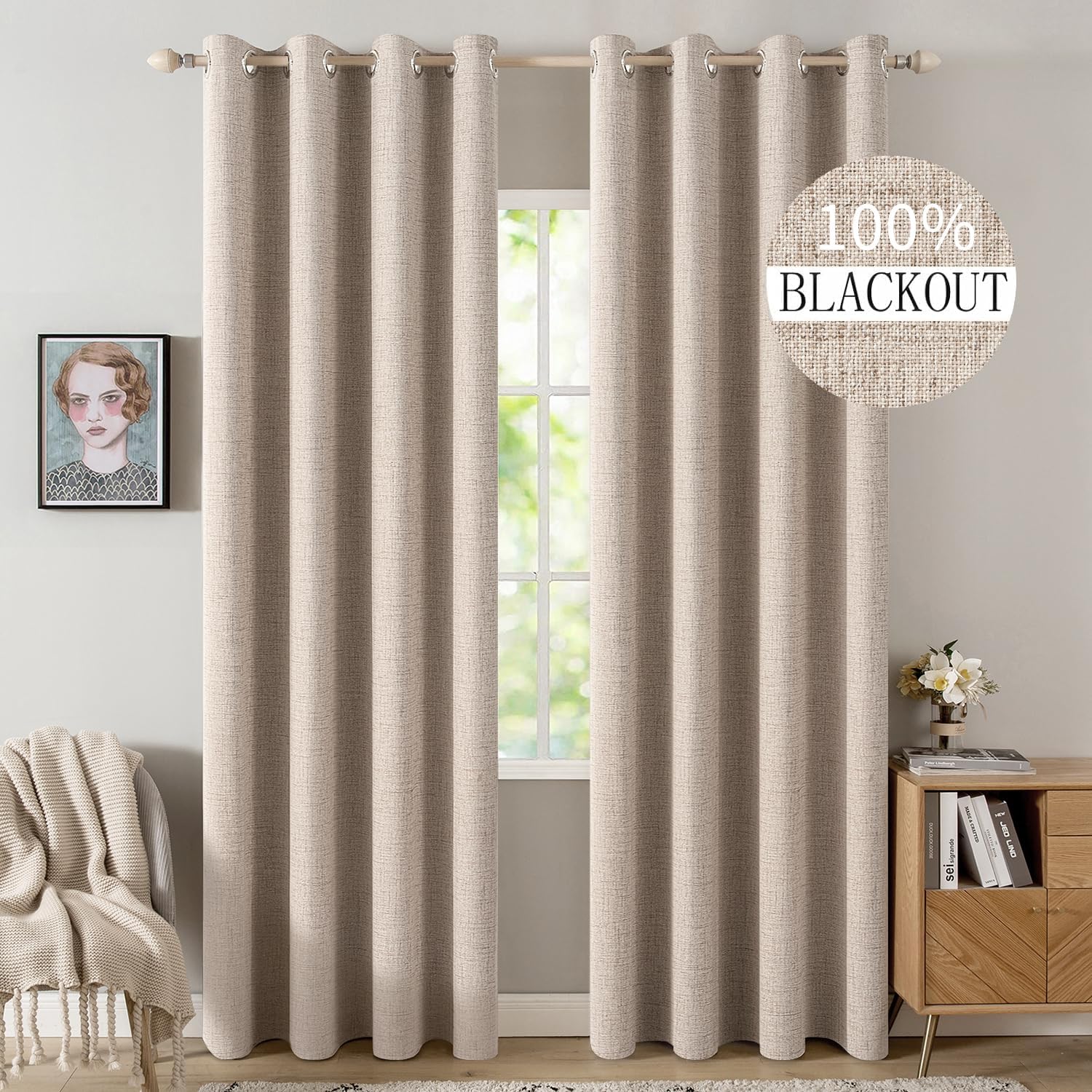 MIULEE 90-Inch Linen Textured Blackout Curtains - Thermal Insulated Natural Beige Drapes | 52 x 90 Inch (2 Panels)