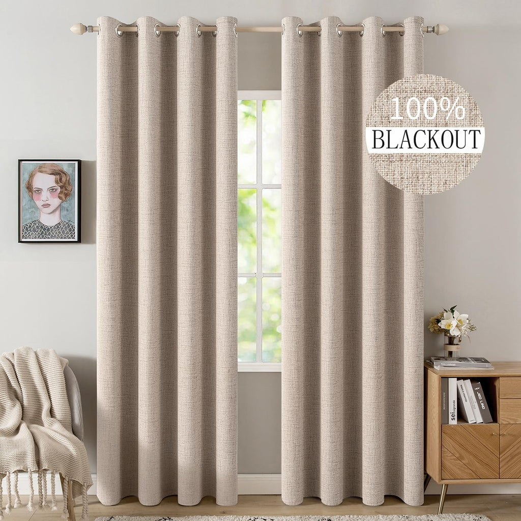 MIULEE 100% Blackout Linen Textured Curtains - Extra Long 100" Thermal Insulated Natural Beige | Luxury Room Darkening Drapes (2 Panels)