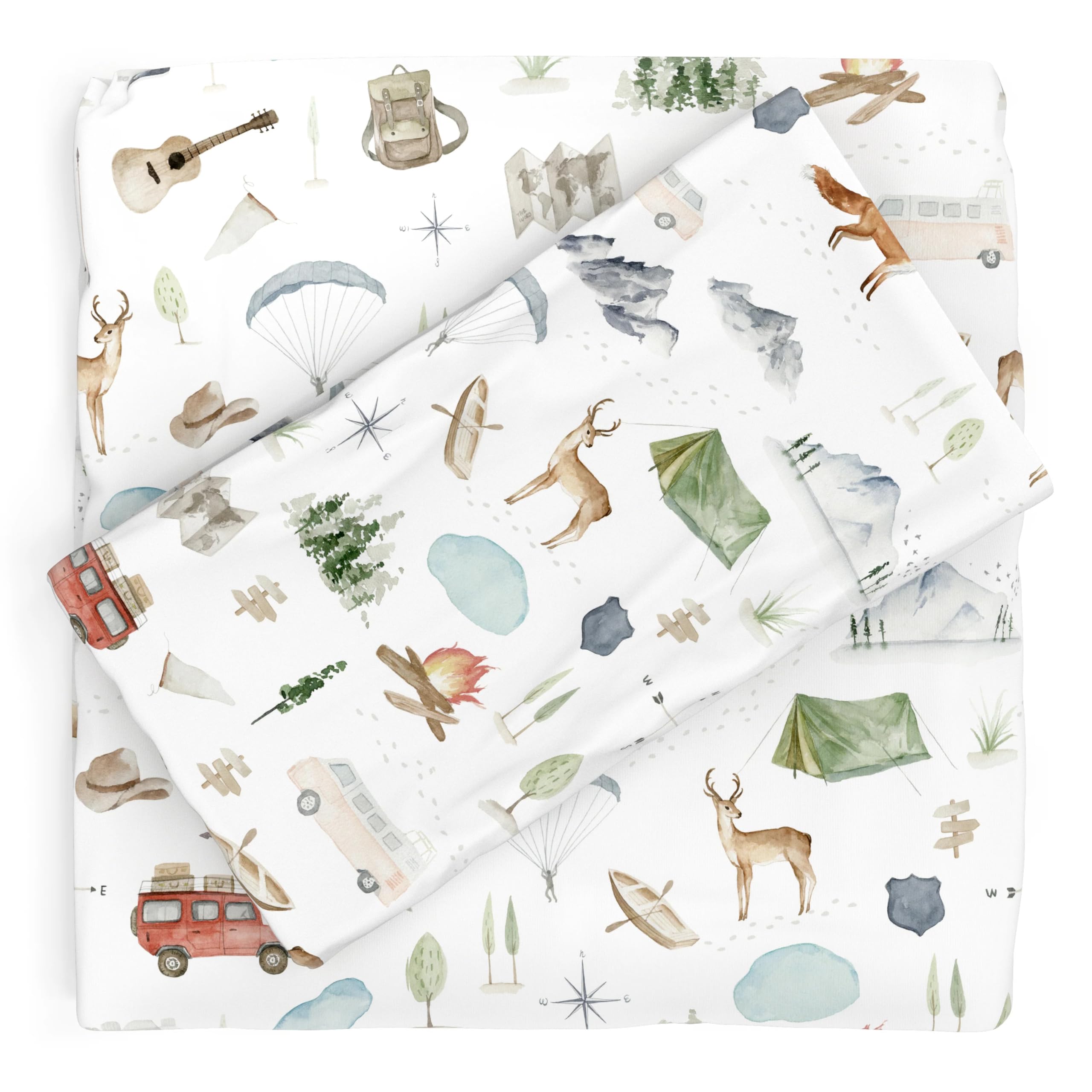 Pobibaby Premium Twin Full Sheets Sets, Kids Double Bed Sheets in Cotton Blend | Ultra-Soft Woodland Camping Print with Fitted Sheet, Flat Sheet & Pillowcases (Twin Explore)