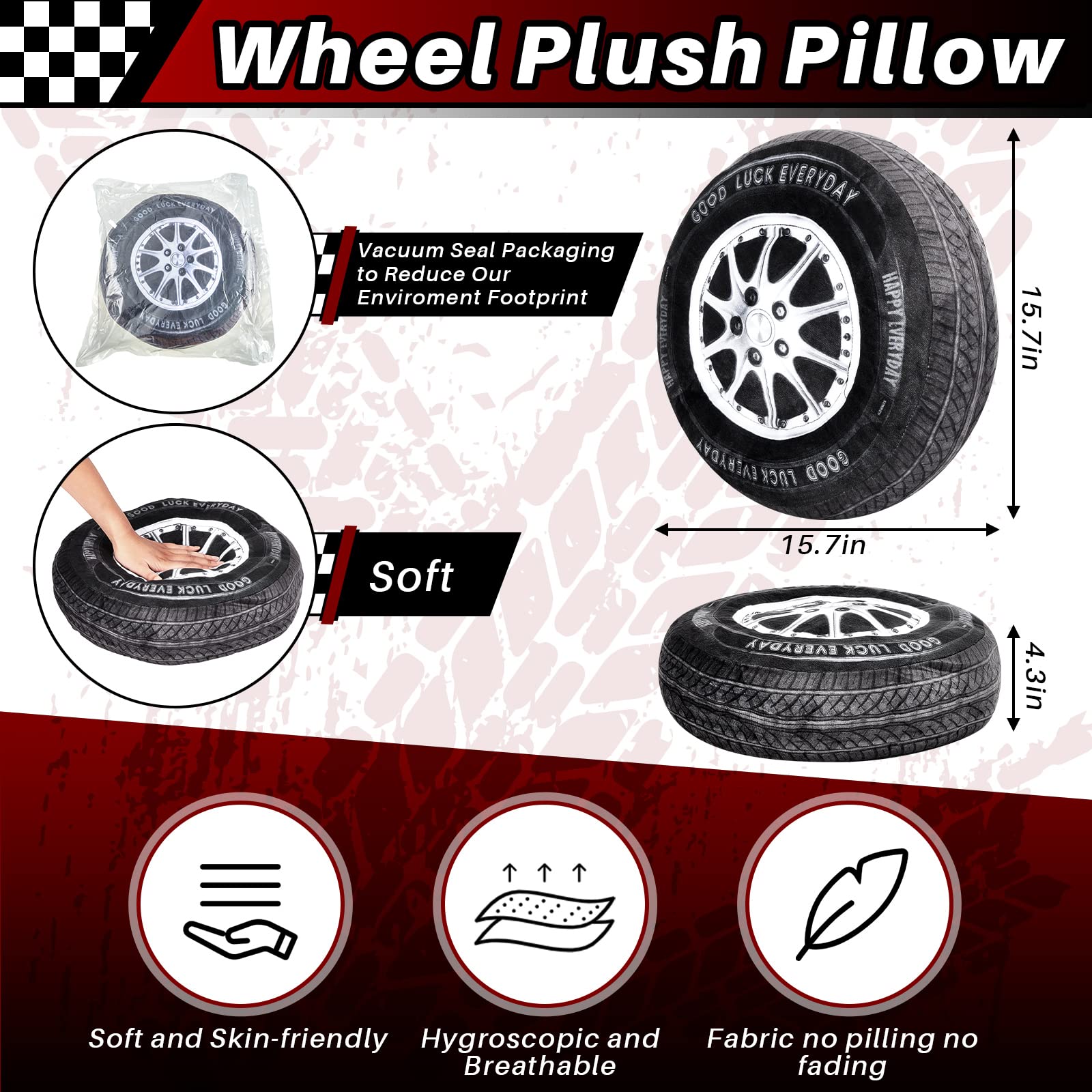 Meooeck 1 Pc Race Car Room Decor 3D Simulation Wheel Plush Pillow, 15.7 Inch Car Tire Big Soft Pillow Wheel Sofa Seat Toy for Boys Funny Bedroom Decorations Race Cars Party Gift (Classical)