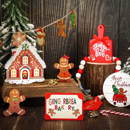 Bucherry Christmas Gingerbread Tiered Tray Decor - 12-Piece Wooden 3D Signs for Rustic Home Centerpiece