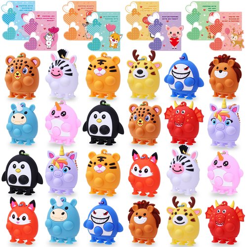 Kiddelo 24 Pack Valentines Day Cards for Kids School Classroom Exchange, Animal Pop Fidget Suction Keychains with 24 Cards, 12 Designs Non Candy Party Favors and Goodie Bag Stuffers
