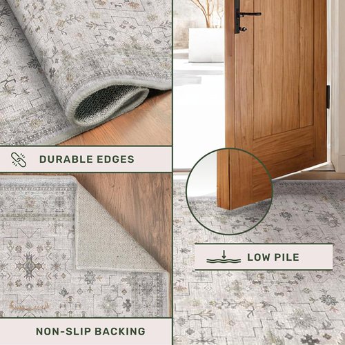 Hazo Haus Boho Living Room Rug - Light Grey Floral Design | Washable Low Pile 9x12 Extra Large Area Rug