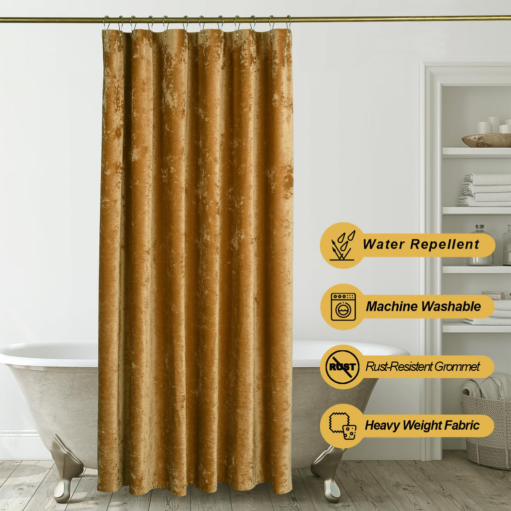 TAMGHO Mustard Gold Shower Curtain for Bathroom, Crushed Velvet Dark Mustard Yellow Shower Curtain with Gold Decro Metal Hooks, Machine Washable Thick Fabric, 72 x 72 inches