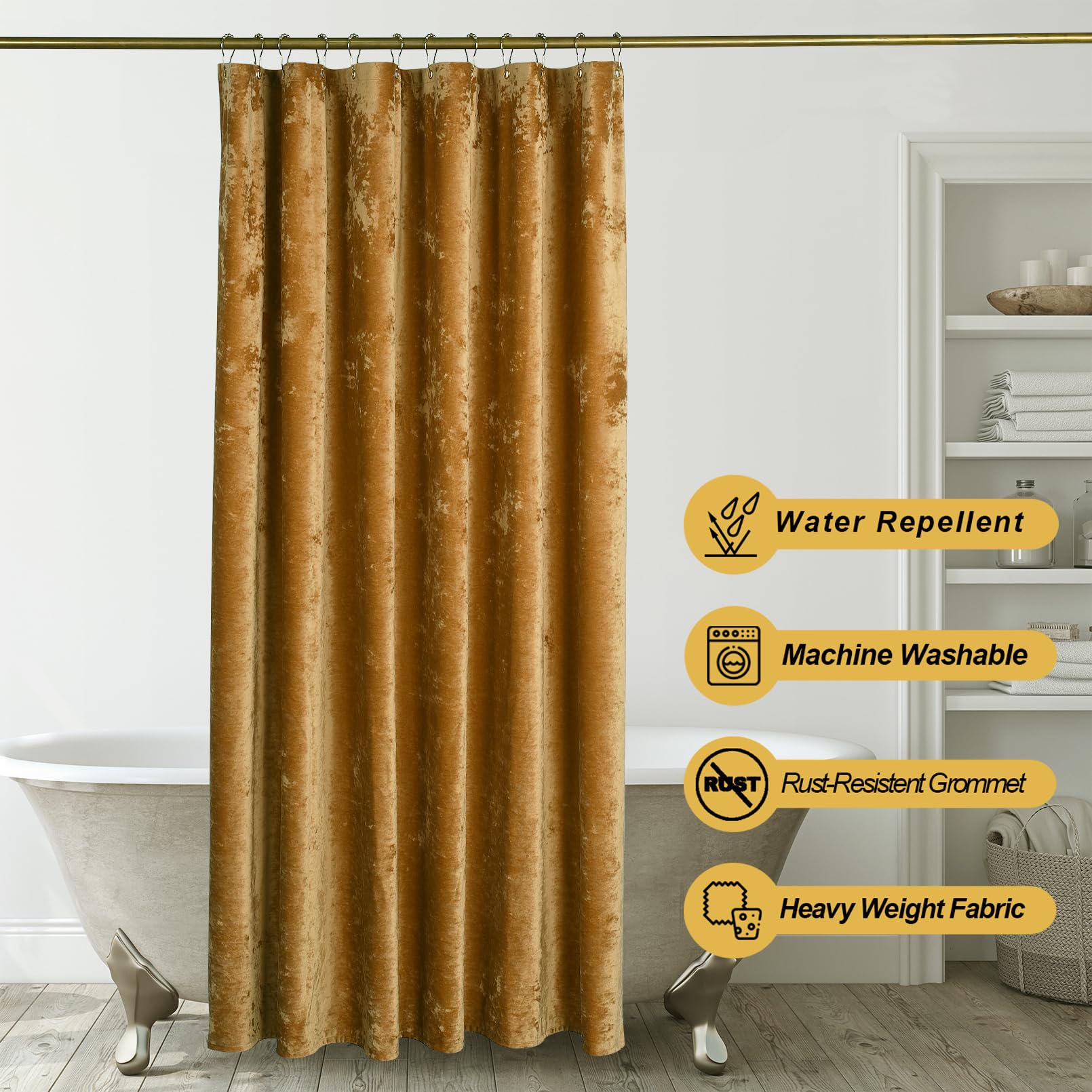 TAMGHO Mustard Gold Shower Curtain for Bathroom, Crushed Velvet Dark Mustard Yellow Shower Curtain with Gold Decro Metal Hooks, Machine Washable Thick Fabric, 72 x 72 inches