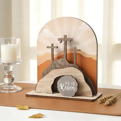 AOMOONOA Wooden Easter Empty Tomb Set, Empty Tomb Easter Scene for Christian Decoration, He is Risen Resurrection Scene for Religious Display, Home Office Tabletop Tray, Church, Shelf Decor