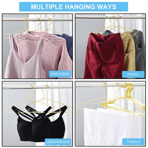 Gold Hangers for Clothes, Ultra Thin Metal Clothes Hangers Heavy Duty Coat Hanger for Dress Skirts Pants Bra Underwears, Space Saving Wire Suit Hangars Closet Organizer Dorm Room Essentials, 10 Pack