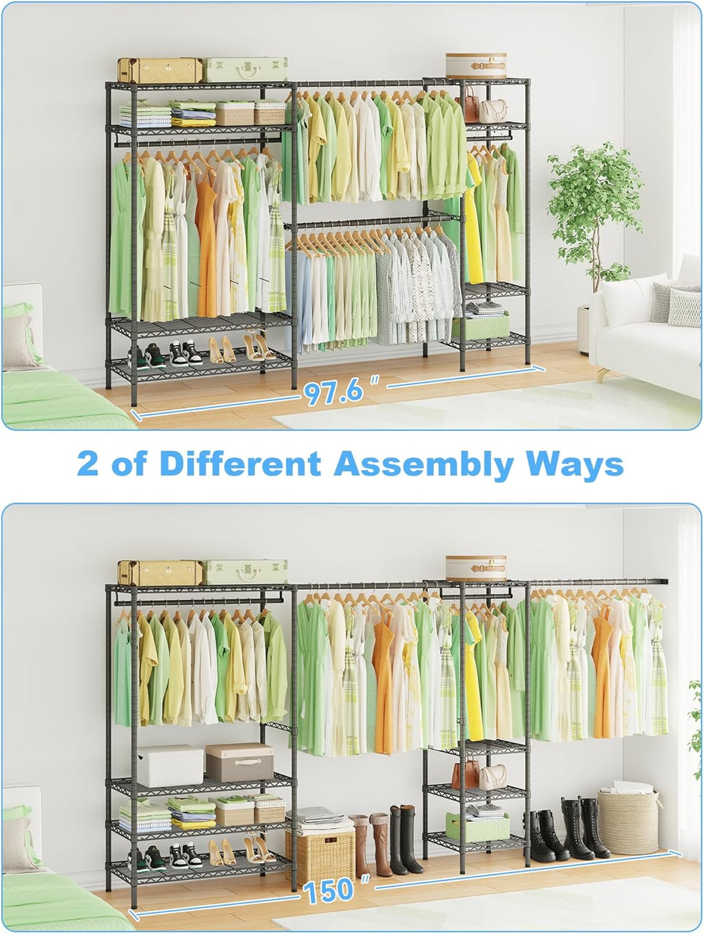 Ulif E11 Heavy-Duty Garment Rack - Metal Freestanding Clothes Organizer with 8 Shelves & 4 Hanger Rods | Black, 71.2" H